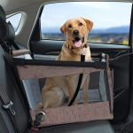 Brown foldable pet car seat installed in a vehicle