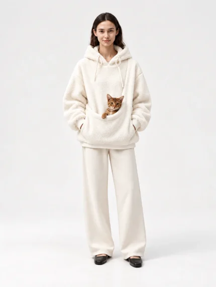 Model wearing a white unisex fleece pet carrier hoodie with a cat in the front pouch