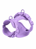 Purple cushioned dog harness on a white background