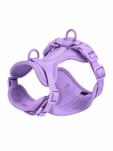Purple cushioned dog harness on a white background
