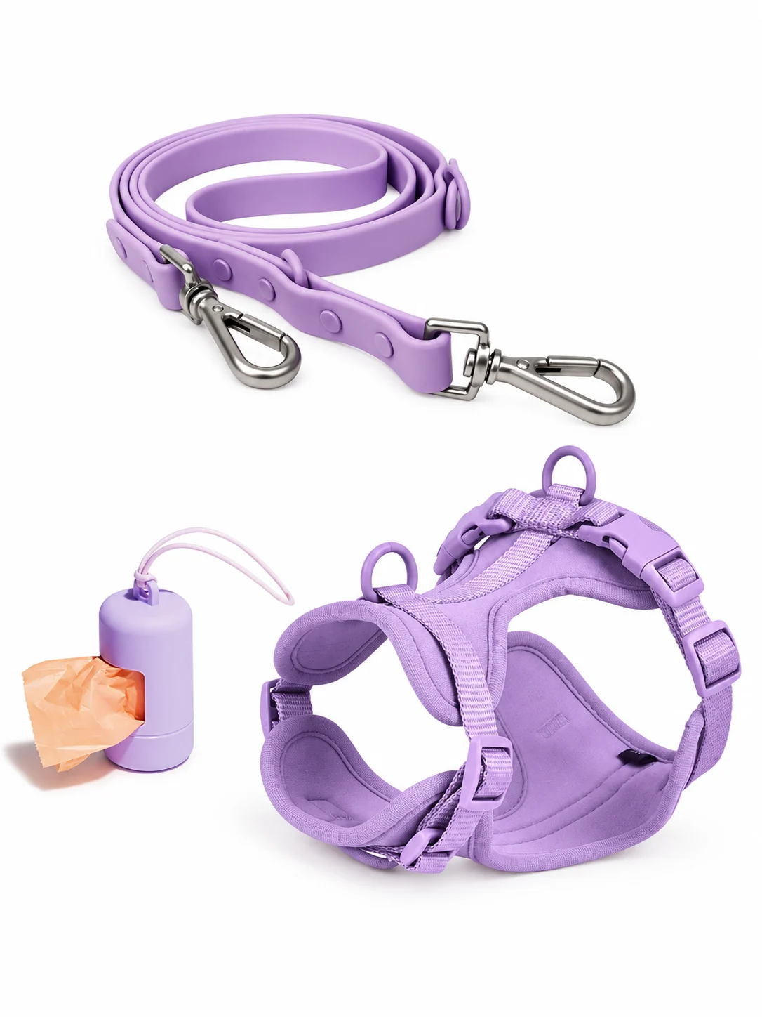 Everyday Walk Kit — Purple Harness, Leash and Poop Bag Carrier Purple Everyday Walk Kit with padded dog harness, coiled double-ended leash and poop bag carrier on a white background.