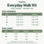 VeyaPets Everyday Walk Kit size guide in inches: harness XS–L neck and chest measurements; leash S–L length, width and thickness.