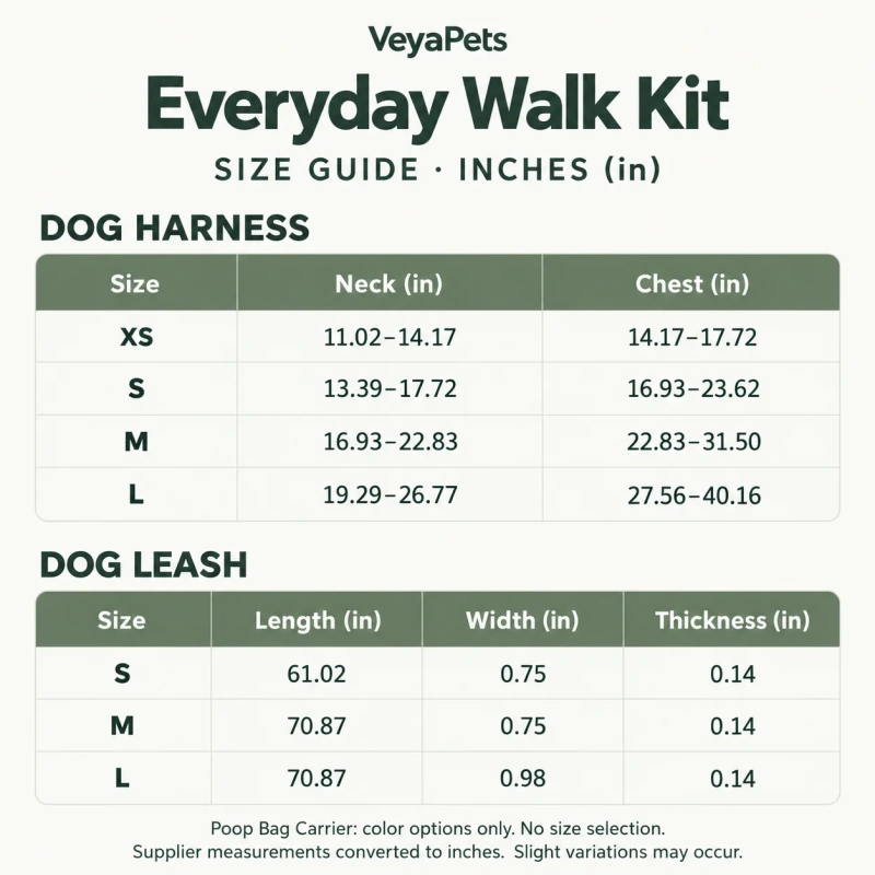 VeyaPets Everyday Walk Kit size guide in inches: harness XS–L neck and chest measurements; leash S–L length, width and thickness.