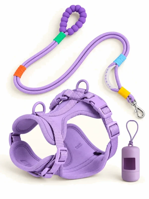 Purple cushioned dog harness, hands-free rope leash with foam handle, and poop bag carrier