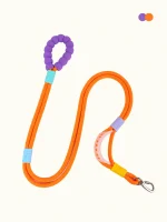 Hands-free rope dog leash in Orange with a cushioned handle and metal clip