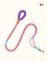 Hands-free rope dog leash in Pink with a cushioned handle and metal clip