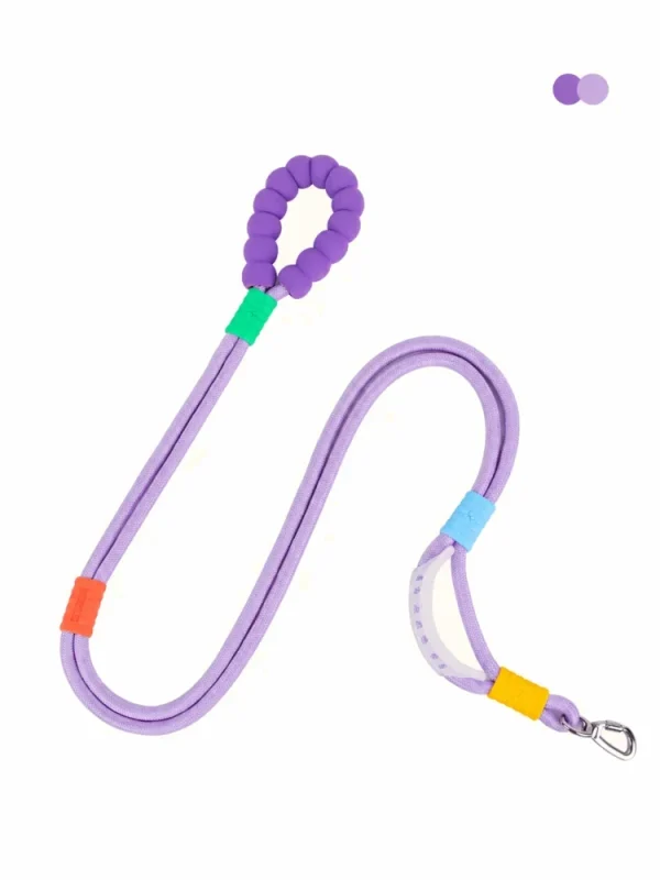 Hands-free rope dog leash in Purple with a cushioned handle and metal clip