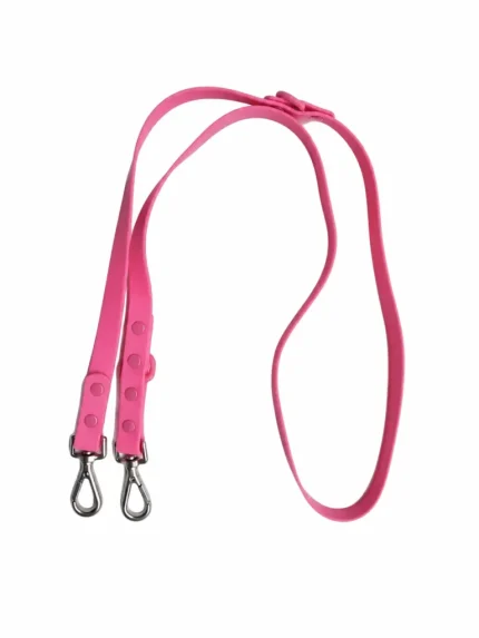 Dragon fruit pink waterproof dog leash with two silver snap hooks on a white background